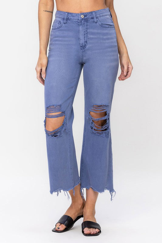 High Waisted Cropped Flare Jeans - Blue